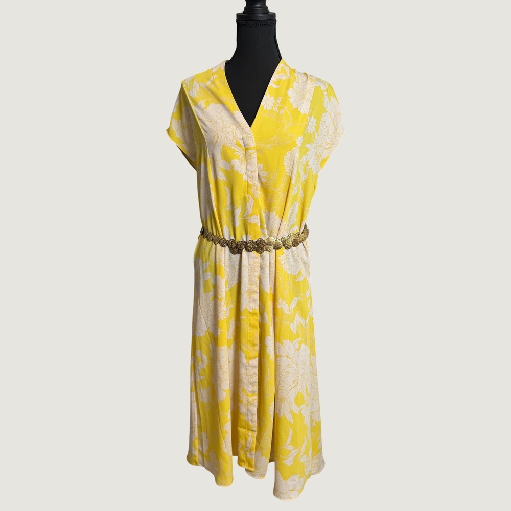 Coastal HM‎ Yellow White Cottagecore Floral Midi Dress V-Neck Size M Resortwear